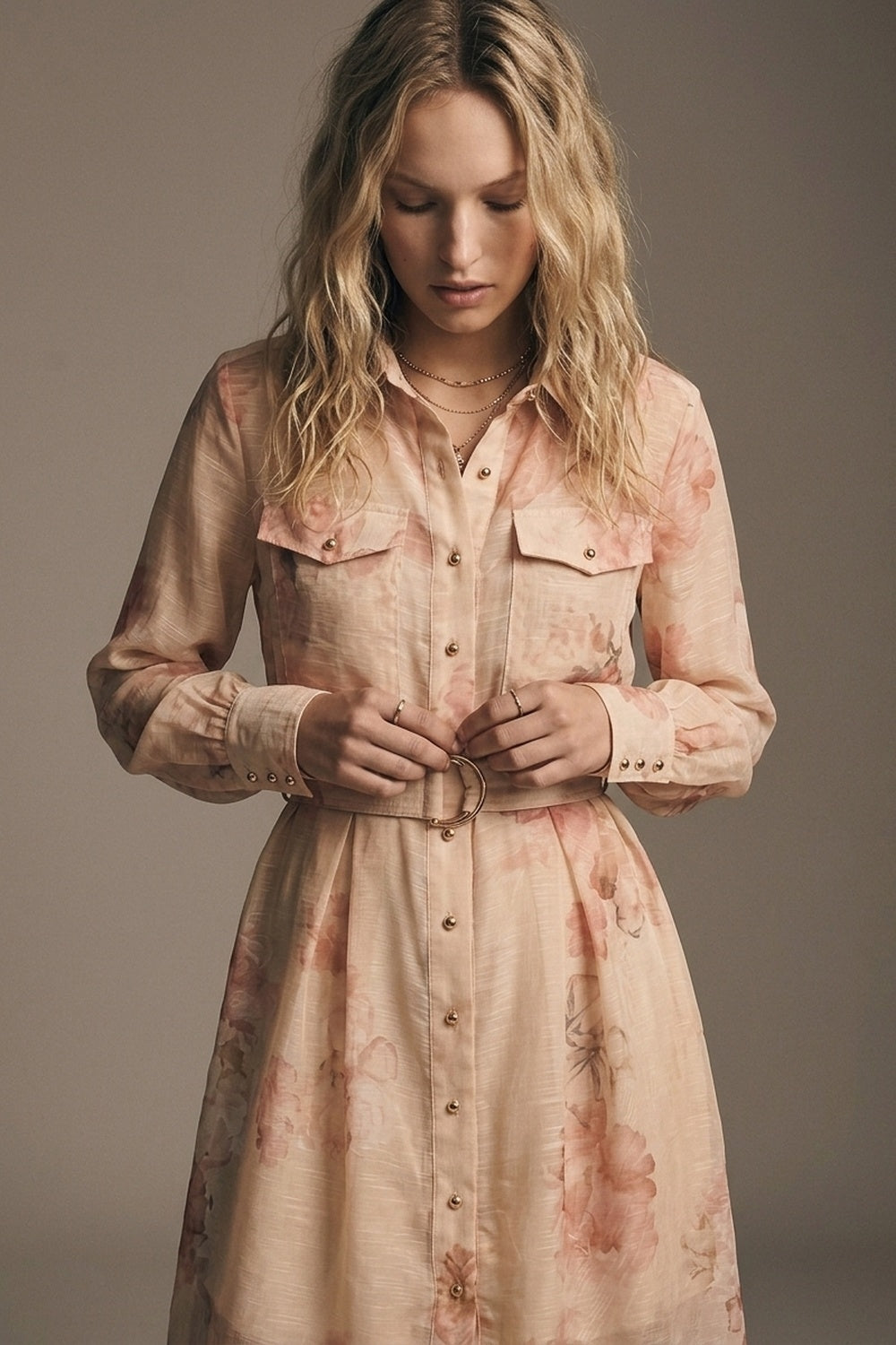 Beige Floral Print Chiffon Belted Midi Shirt Dress with Gold Buttons - dress
