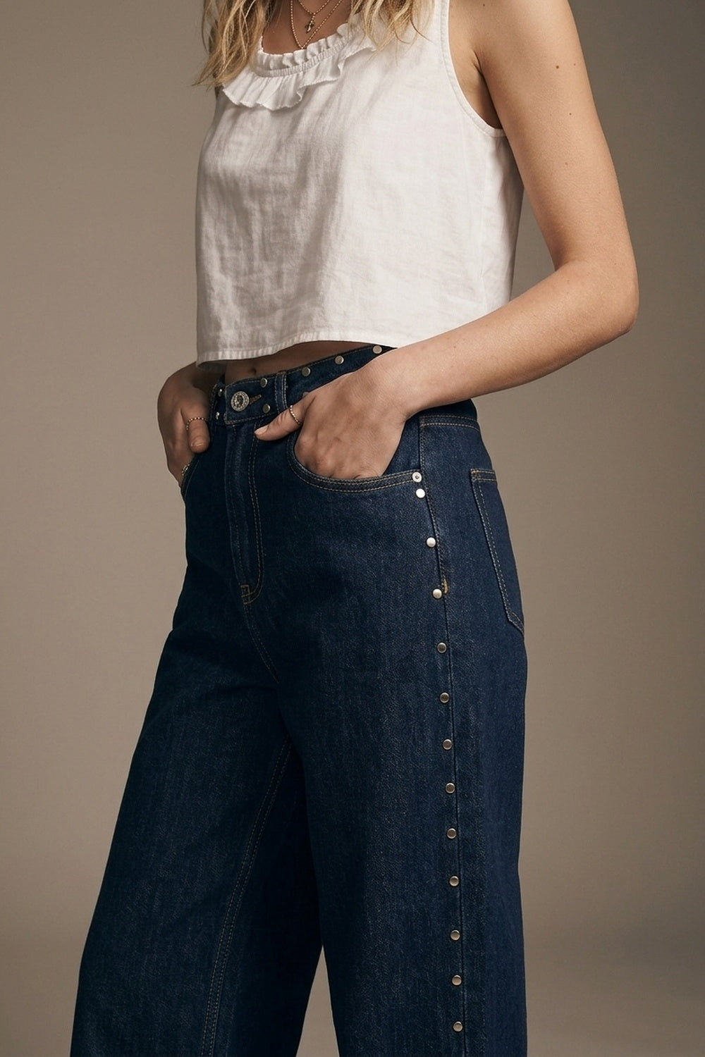 Dark Blue Wide Leg Studded Denim Jeans - Pants