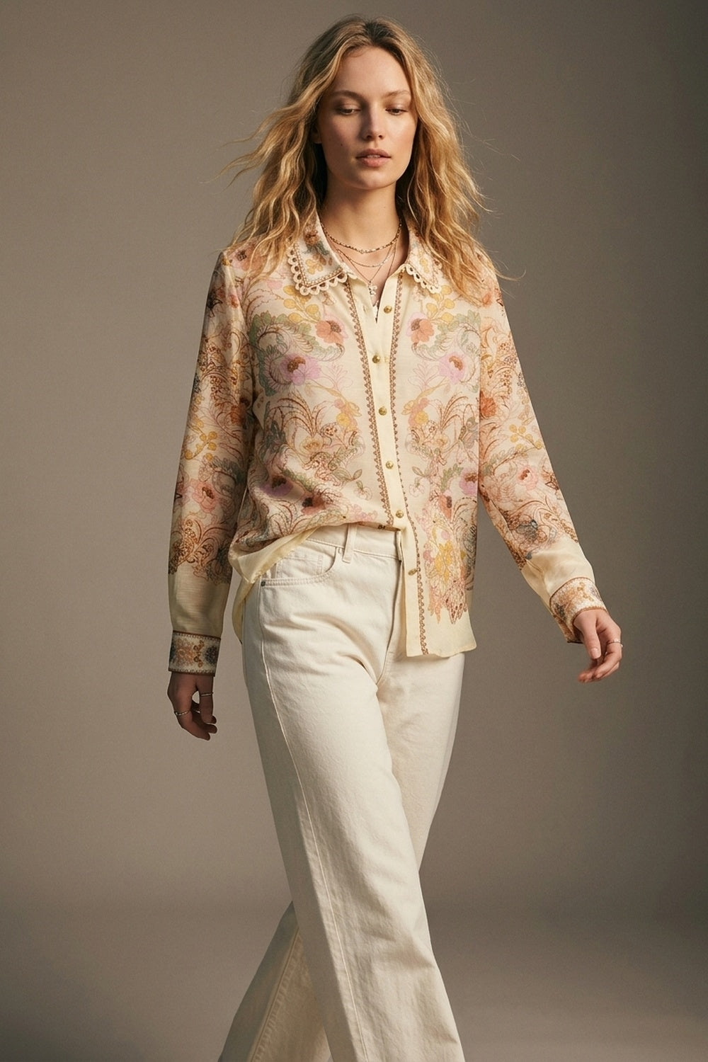 Butter yellow Floral Print shirt with Lace Trim detail - Shirts
