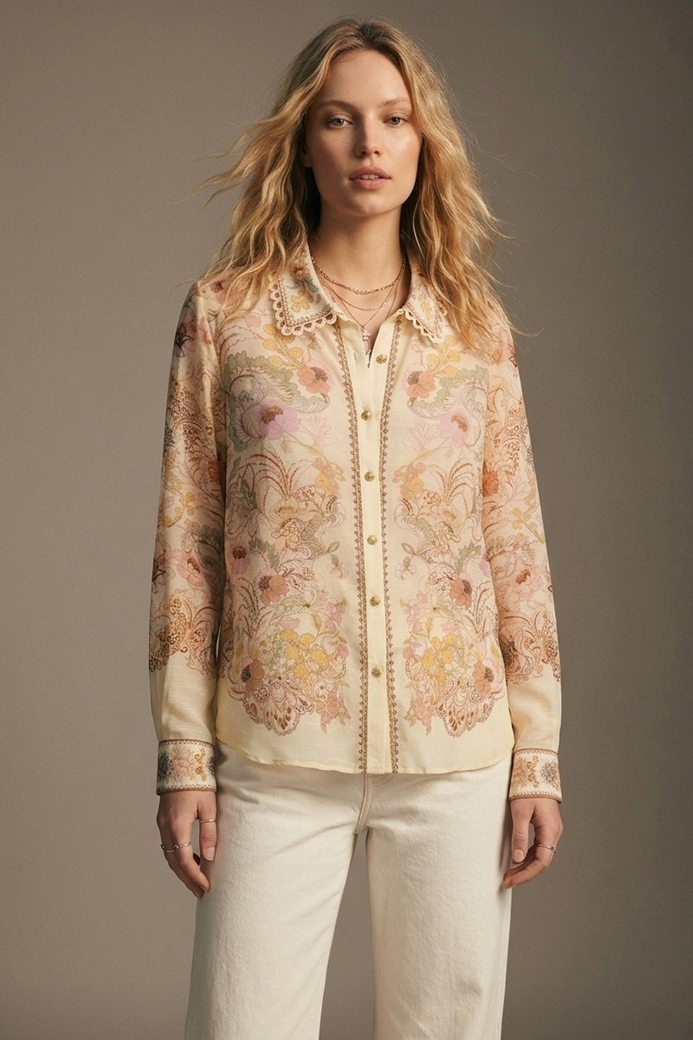 Butter yellow Floral Print shirt with Lace Trim detail - Shirts