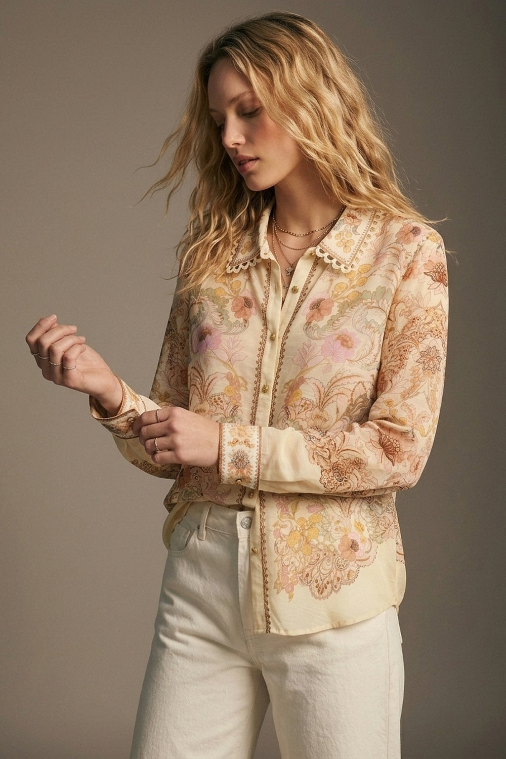 Butter yellow Floral Print shirt with Lace Trim detail - Shirts