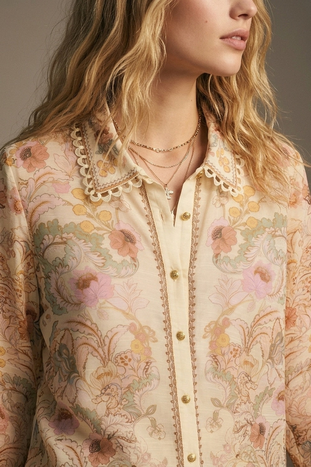 Butter yellow Floral Print shirt with Lace Trim detail - Shirts