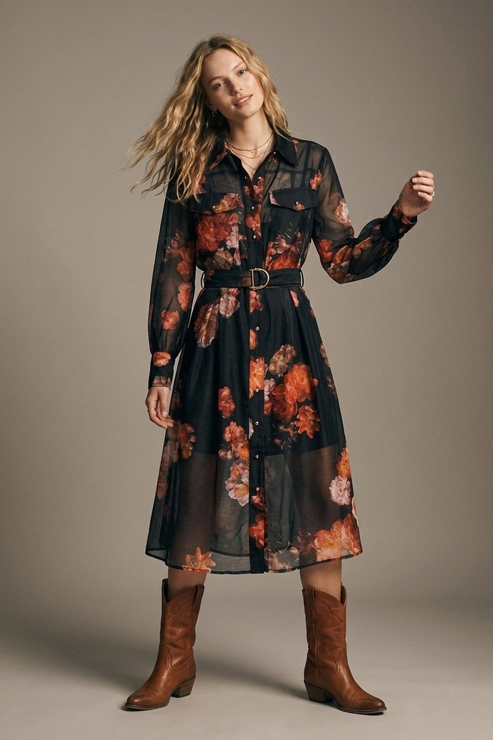 Black Floral Print Sheer Belted Midi Shirt Dress Long Sleeves - dress