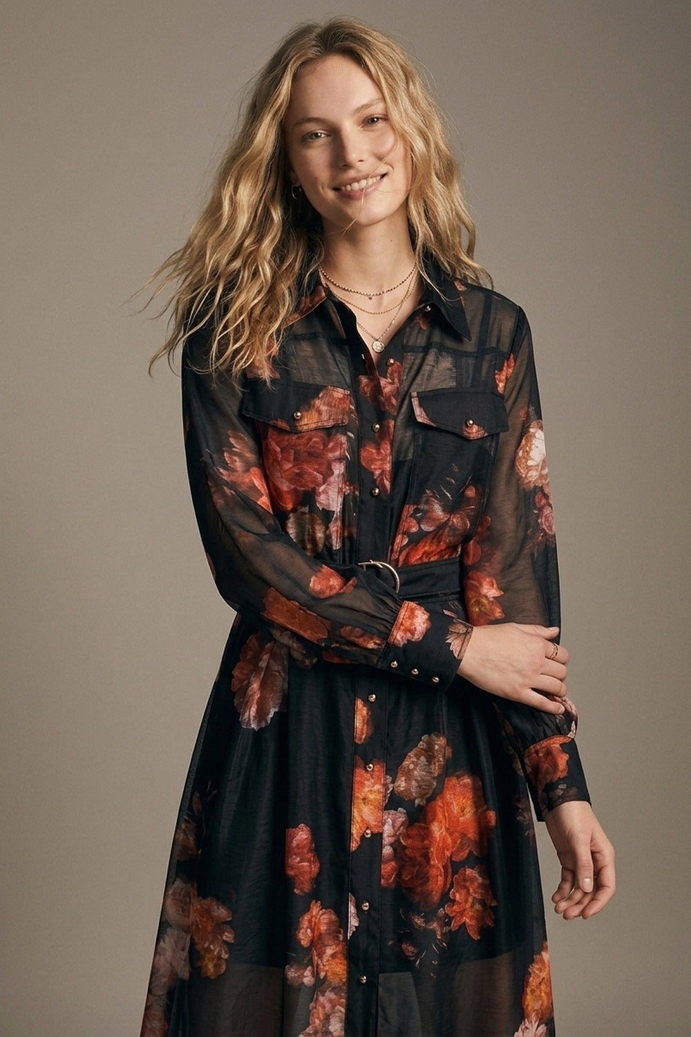 Black Floral Print Sheer Belted Midi Shirt Dress Long Sleeves - dress