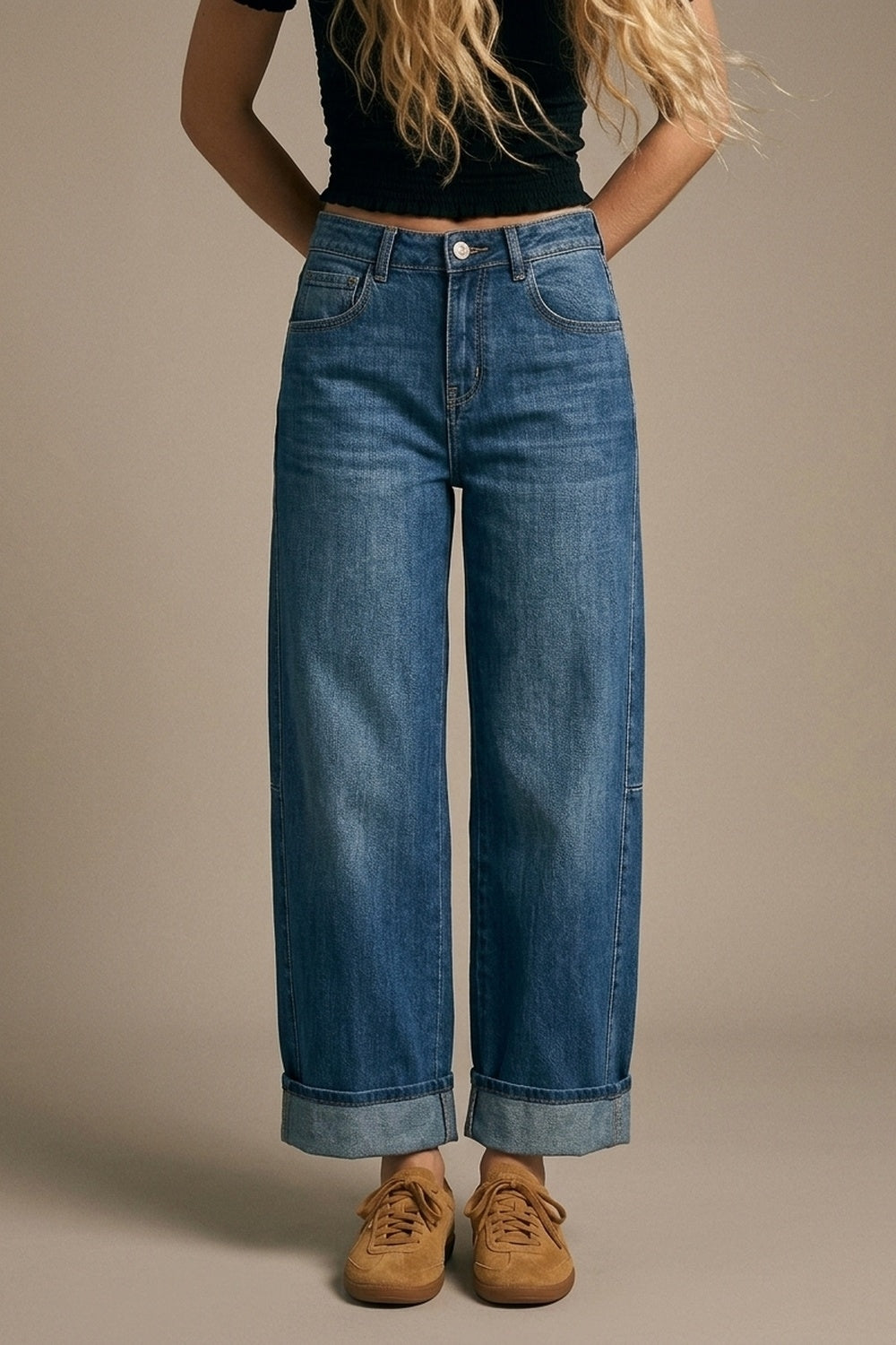 Barrel Style Denim Jeans in Medium Wash with Cuffed Hem - Denim
