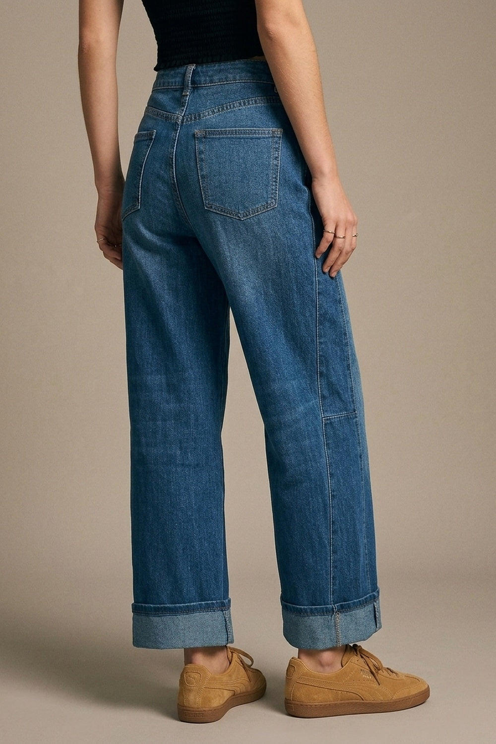 Barrel Style Denim Jeans in Medium Wash with Cuffed Hem - Denim