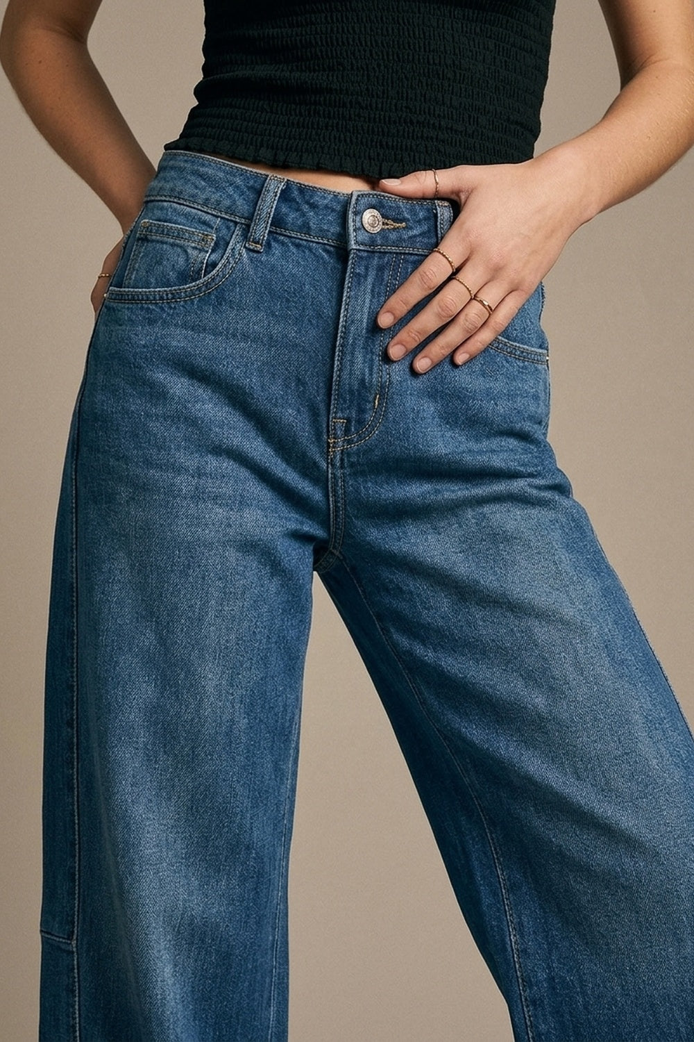 Barrel Style Denim Jeans in Medium Wash with Cuffed Hem - Denim