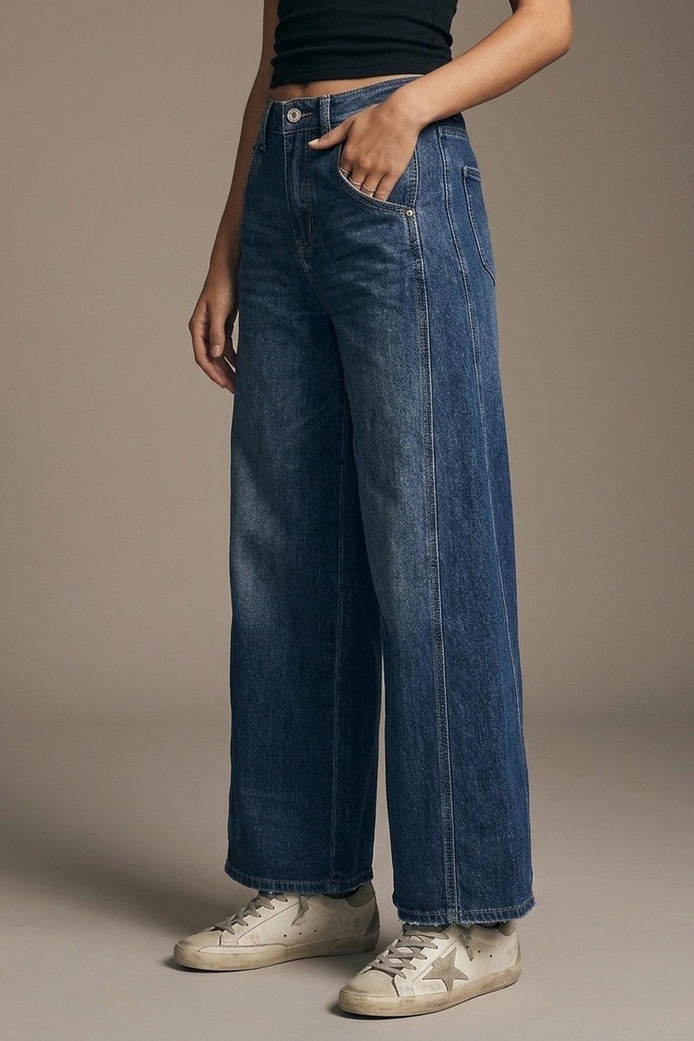 Extra Wide Leg Jeans In Mid Wash with side pockets - Denim