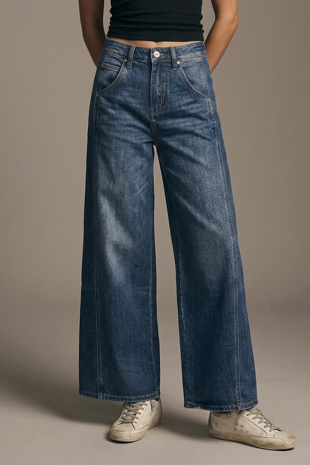 Extra Wide Leg Jeans In Mid Wash with side pockets - Denim