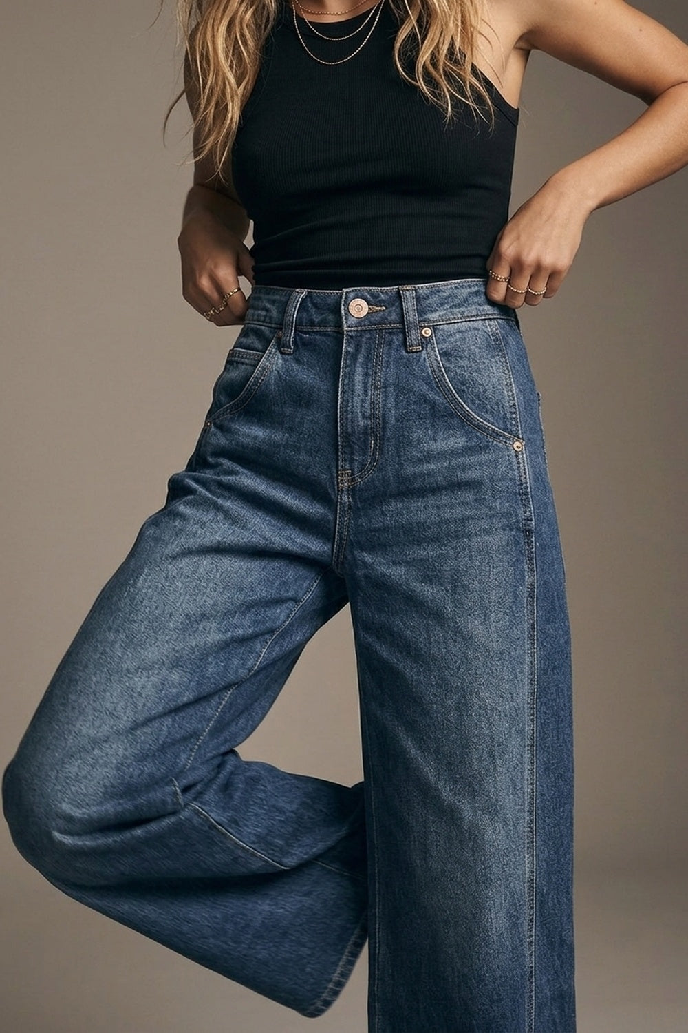 Extra Wide Leg Jeans In Mid Wash with side pockets - Denim
