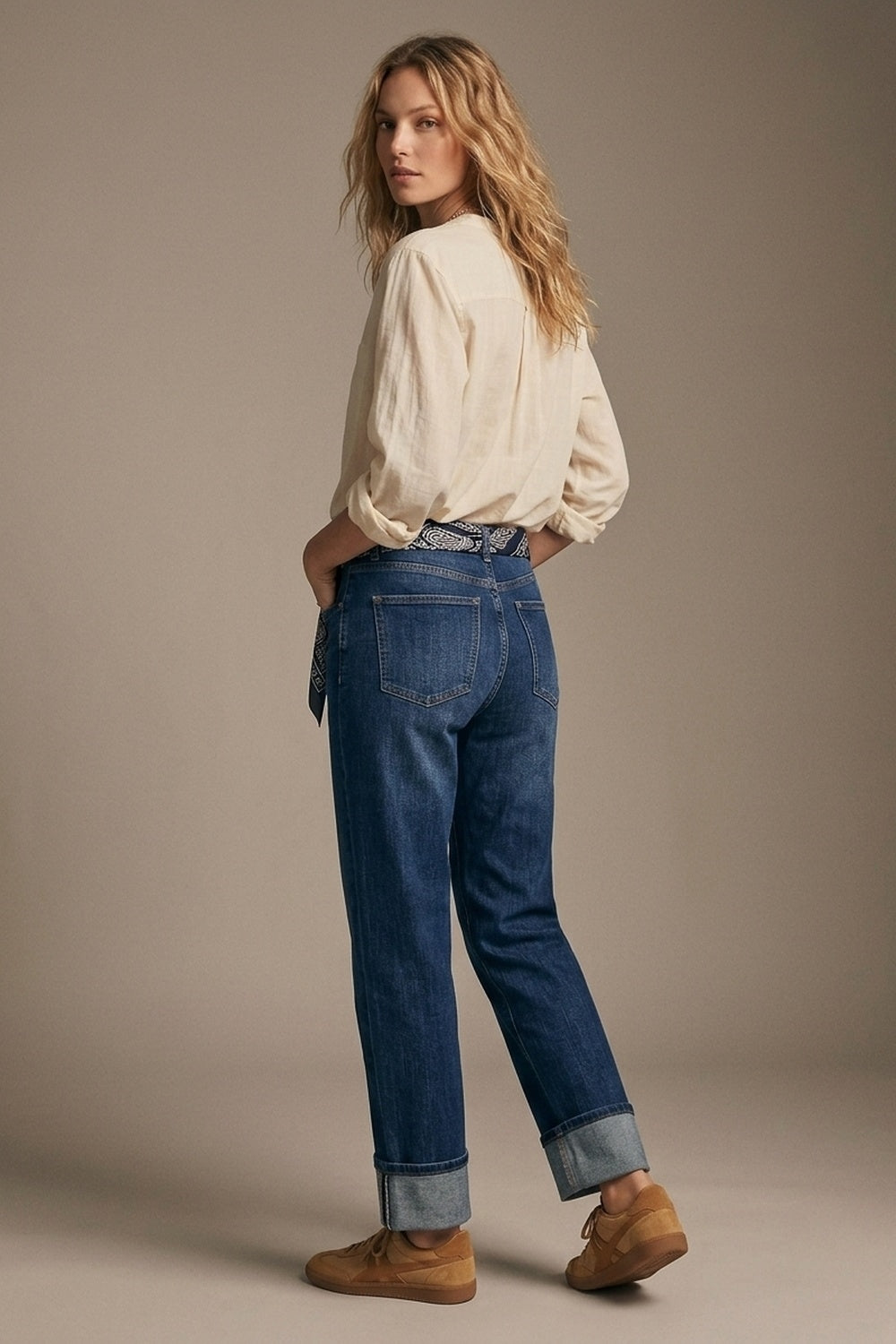 Straight Jeans with Folded Hem in Mid Blue Wash - Denim