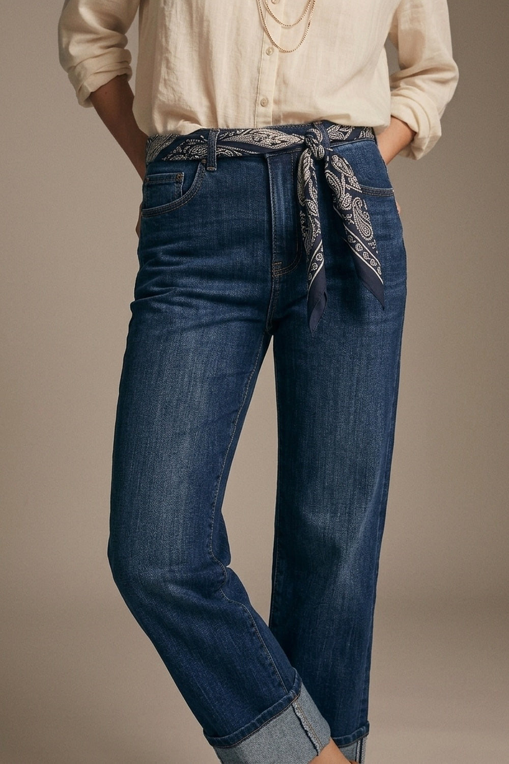 Straight Jeans with Folded Hem in Mid Blue Wash - Denim