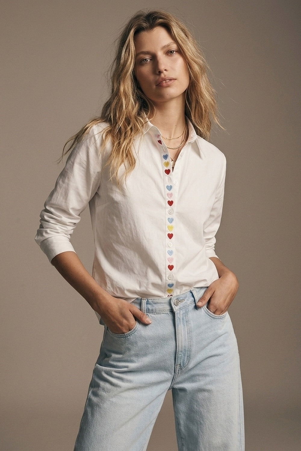 White Heart Embroidered Button Front Shirt - Shirts