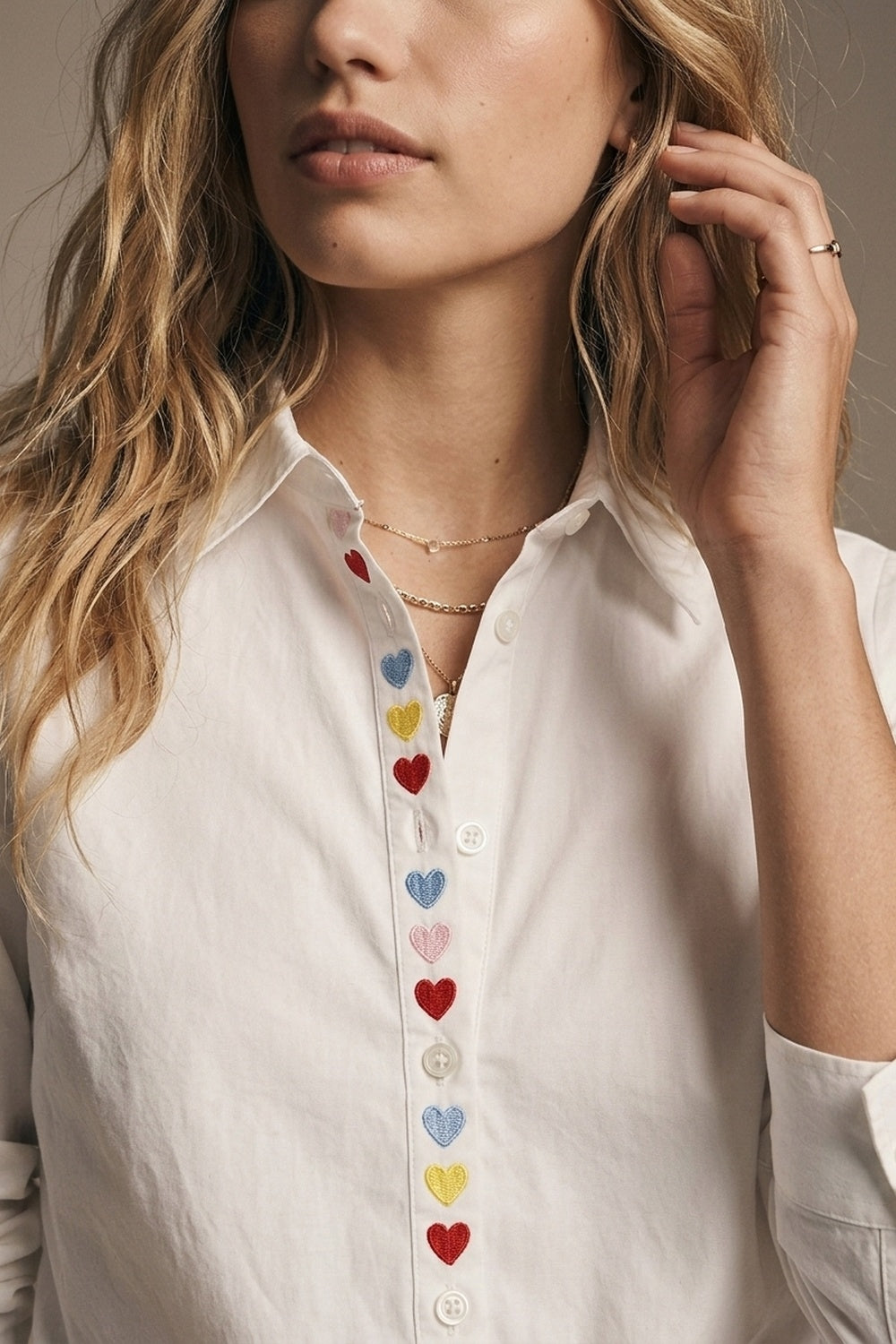 White Heart Embroidered Button Front Shirt - Shirts