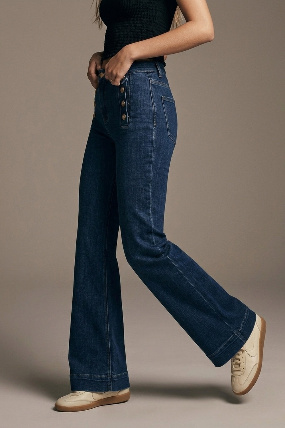Marine Flare Jeans With Button Detailing in Mid wash - Denim