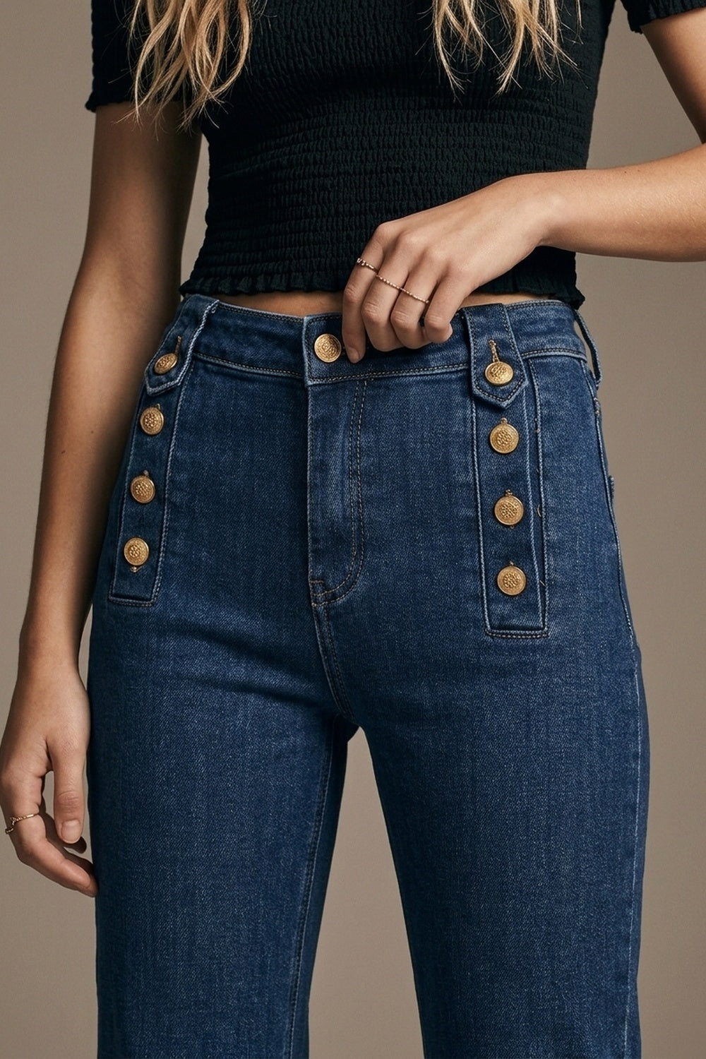 Marine Flare Jeans With Button Detailing in Mid wash - Denim