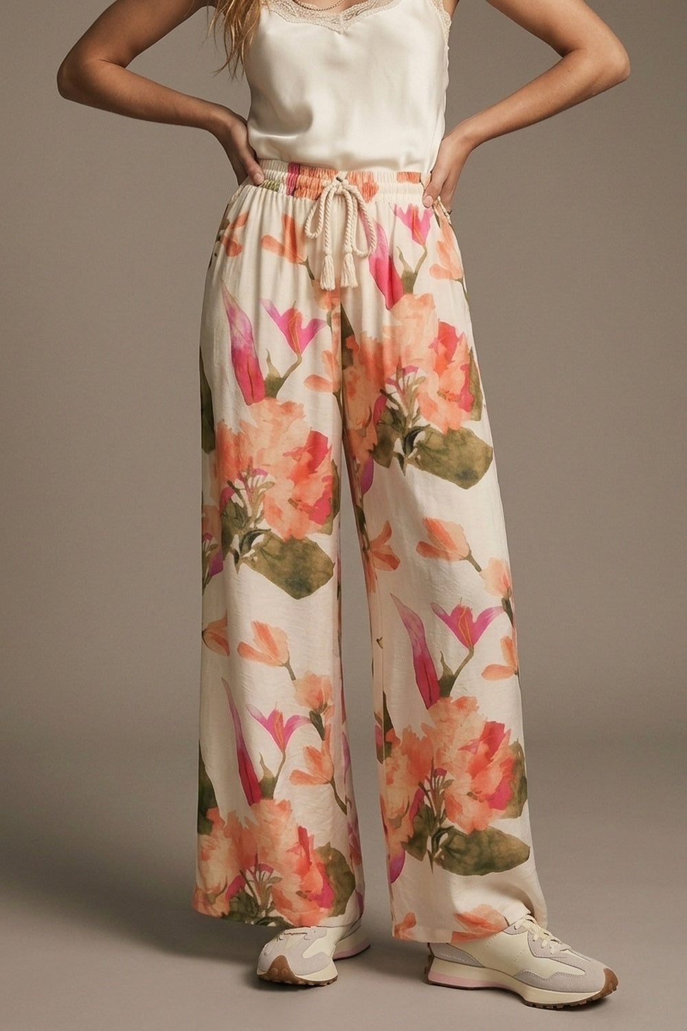 Cream Floral Print wide leg Pants with Elastic Waist - trousers