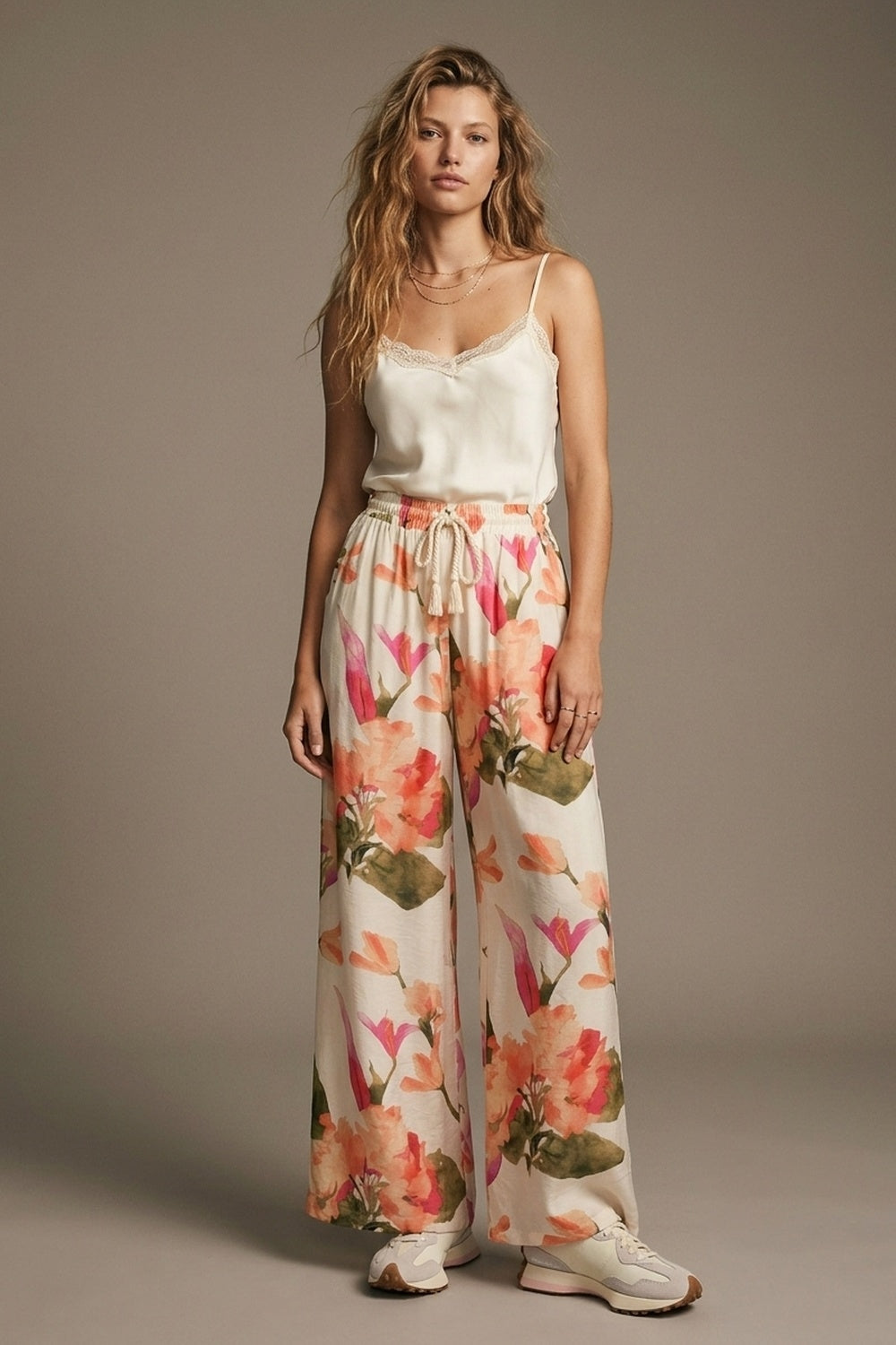 Cream Floral Print wide leg Pants with Elastic Waist - trousers
