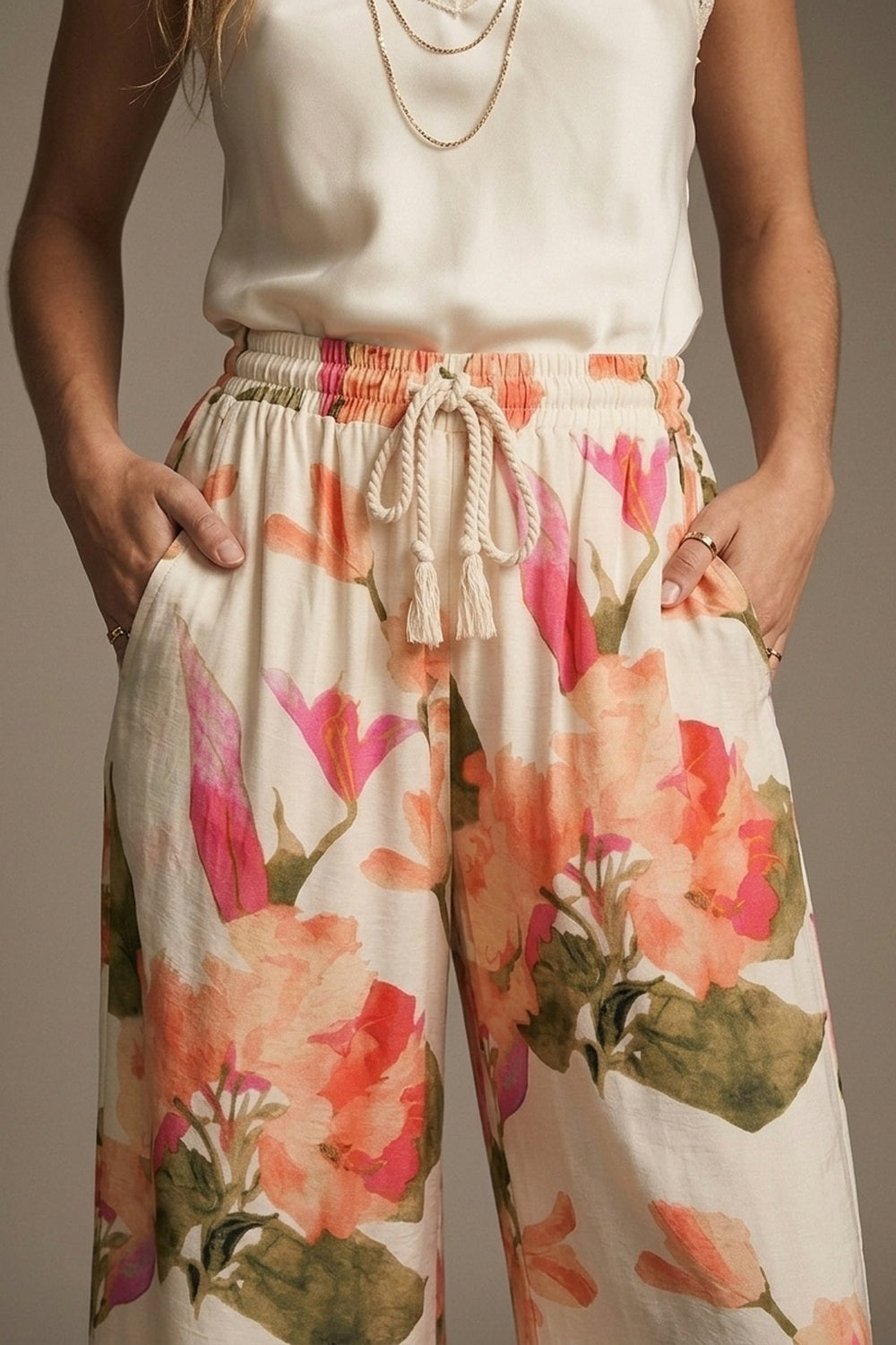 Cream Floral Print wide leg Pants with Elastic Waist - trousers