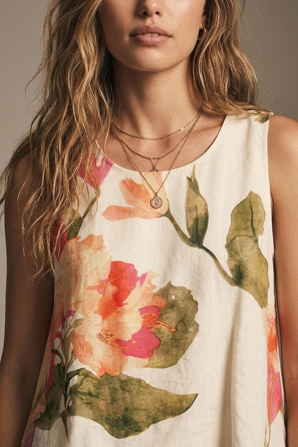 Cream Floral Print Sleeveless Top