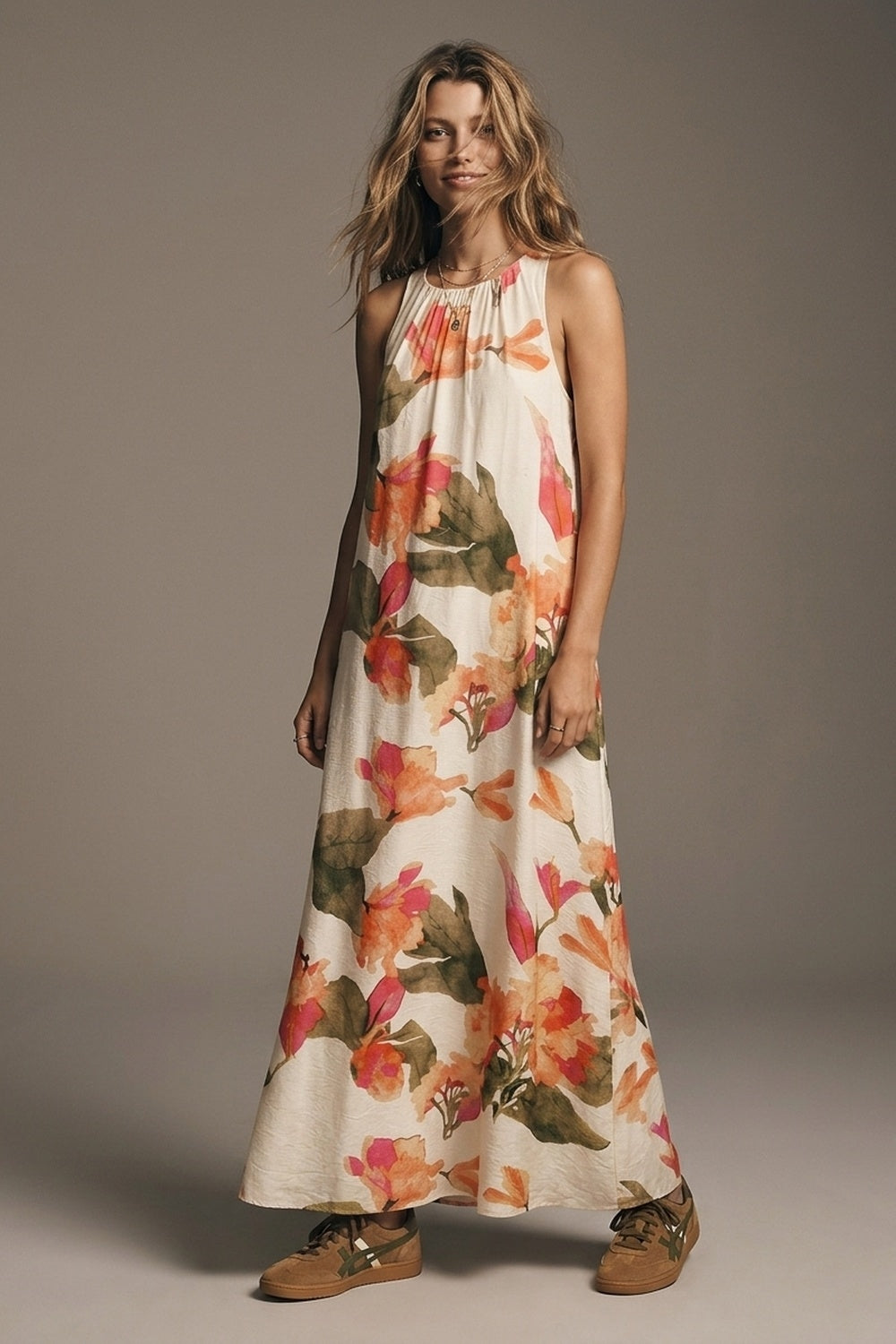 Sleeveless light woven maxi dress with a cream floral print in a relaxed fit - dress