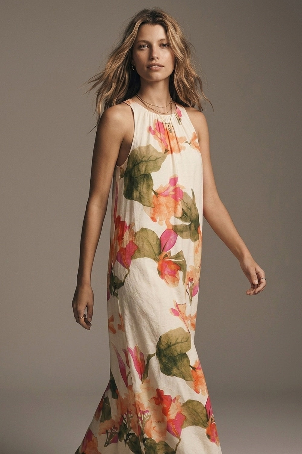 Sleeveless light woven maxi dress with a cream floral print in a relaxed fit - dress