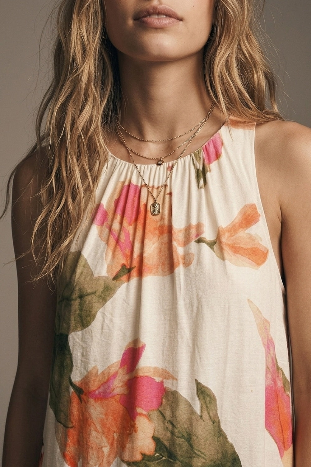 Sleeveless light woven maxi dress with a cream floral print in a relaxed fit - dress