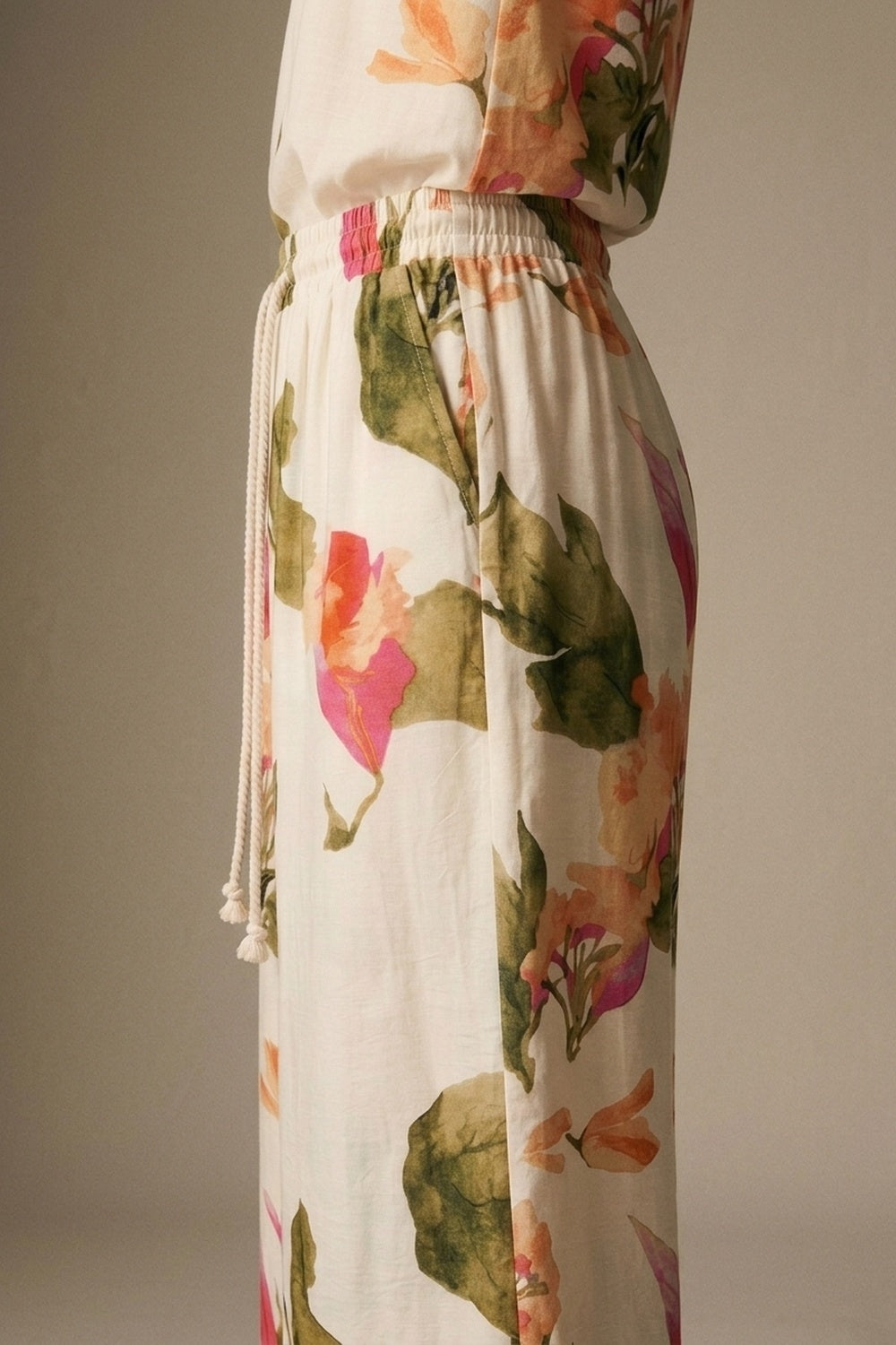 Cream Floral Print wide leg Pants with Elastic Waist - trousers