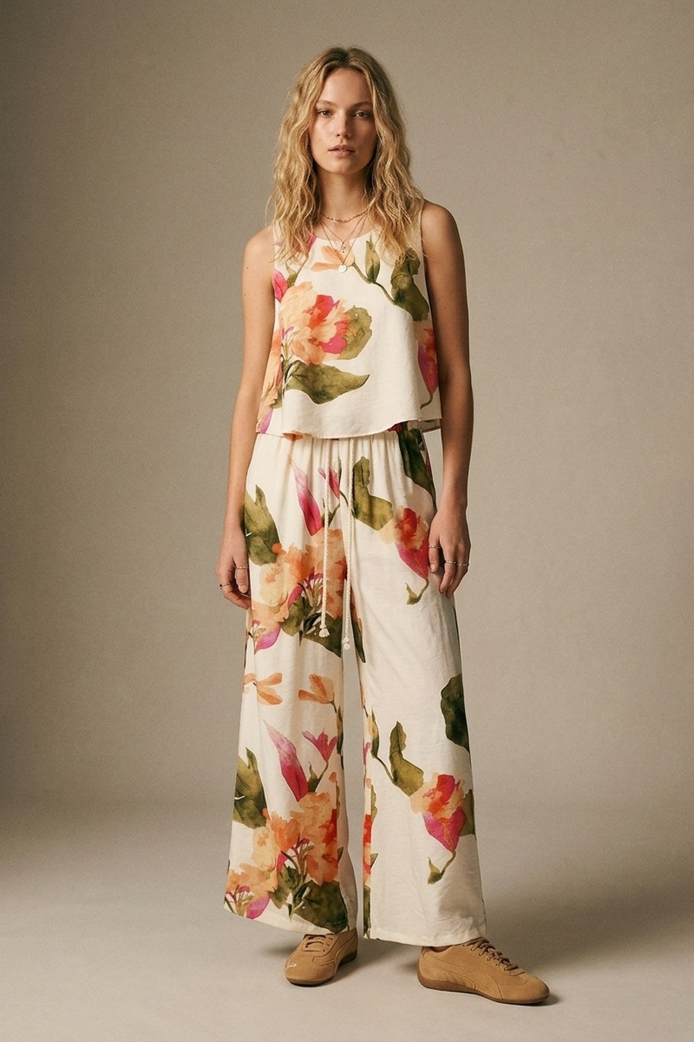 Cream Floral Print Sleeveless Top