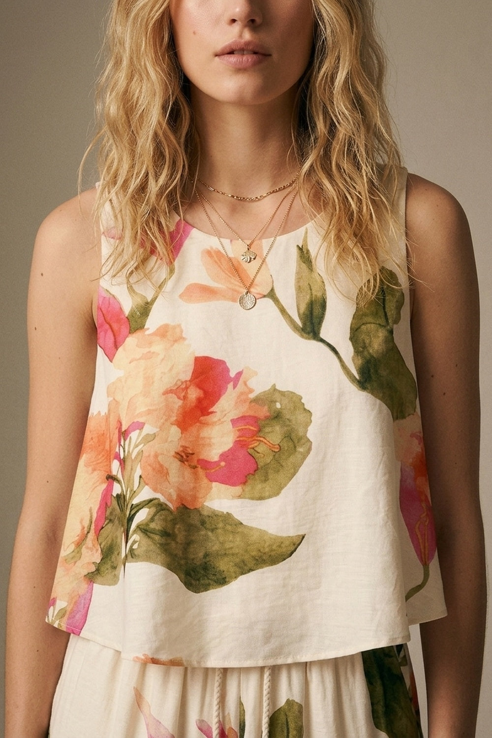 Cream Floral Print Sleeveless Top
