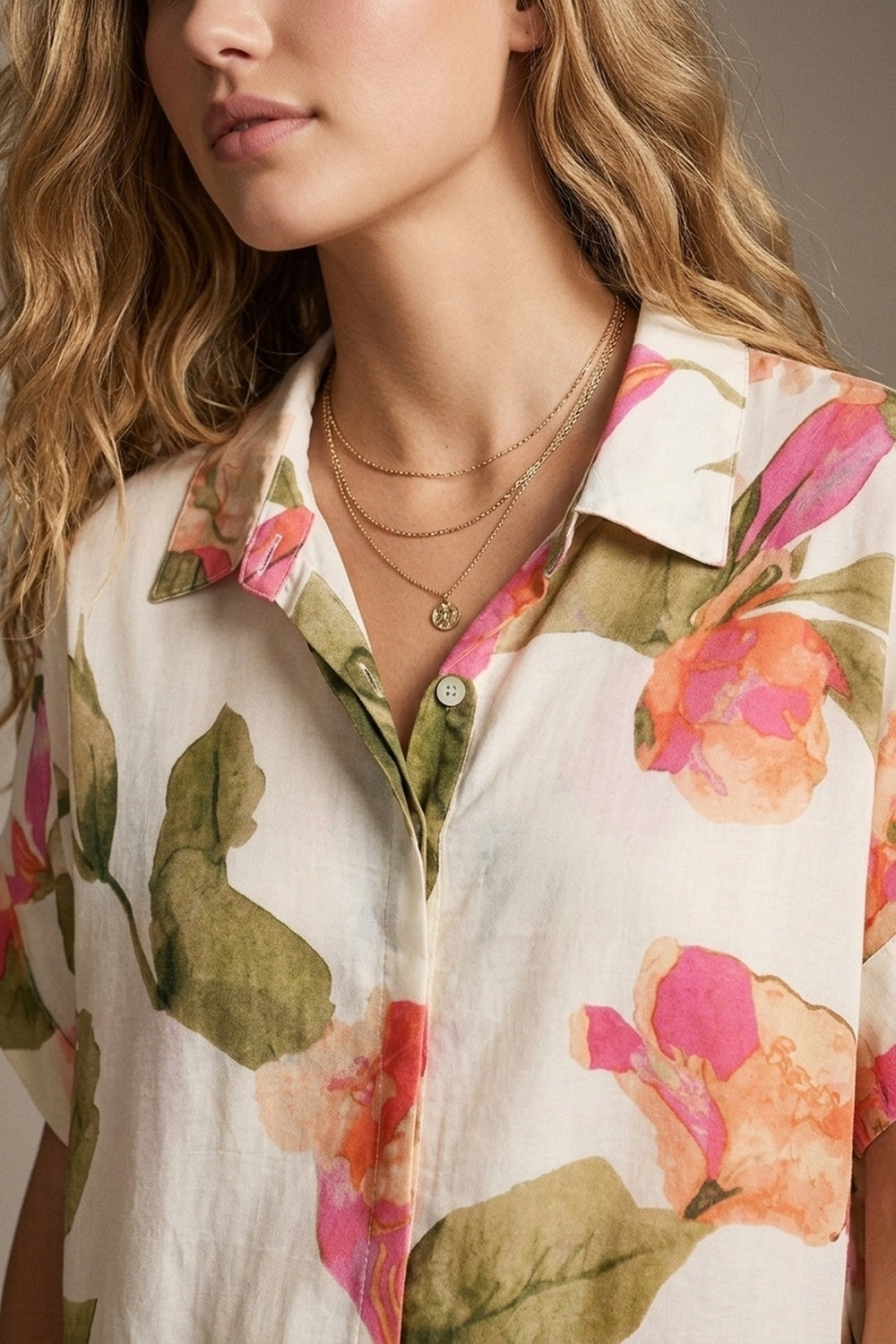 Cream Floral Print Lightweight Woven shirt with Short Sleeve - Shirts