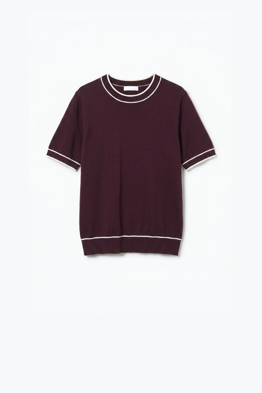 Burgundy Fine Knit Contrast Trim Crew Neck Short Sleeve sweater - Tops