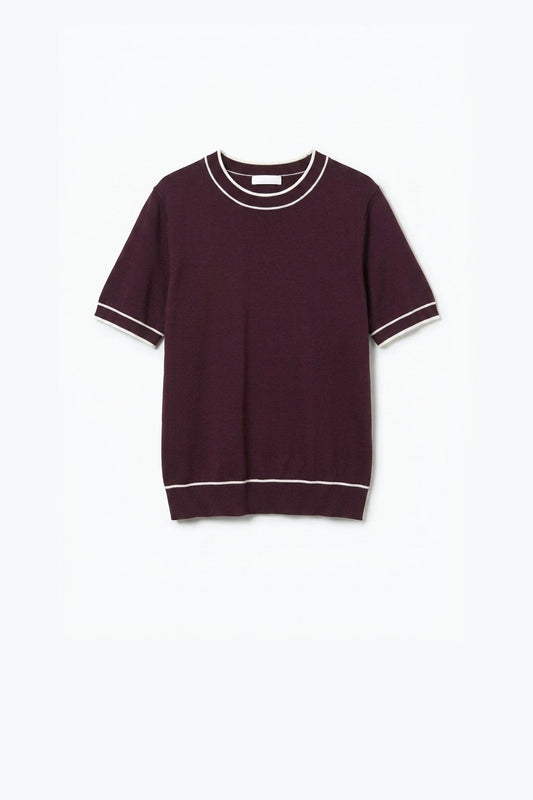 Burgundy Fine Knit Contrast Trim Crew Neck Short Sleeve sweater - Tops