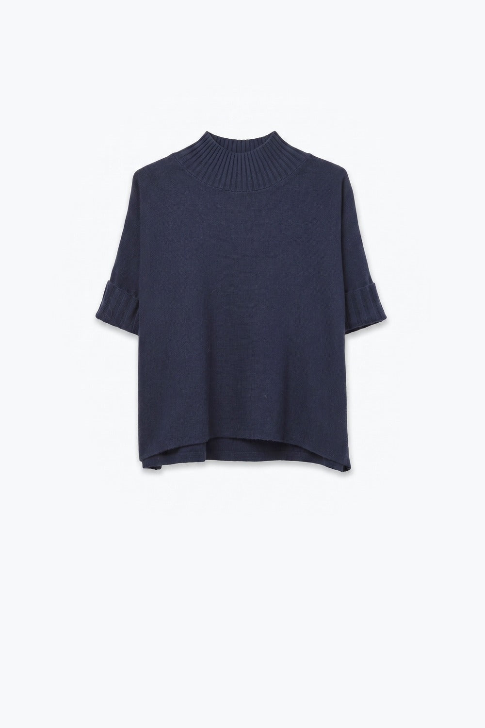 Navy chunky Ribbed knit High Collar Sweater with elbow-length sleeve - Jumpers