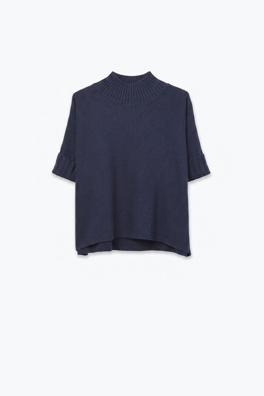 Navy chunky Ribbed knit High Collar Sweater with elbow-length sleeve - Jumpers