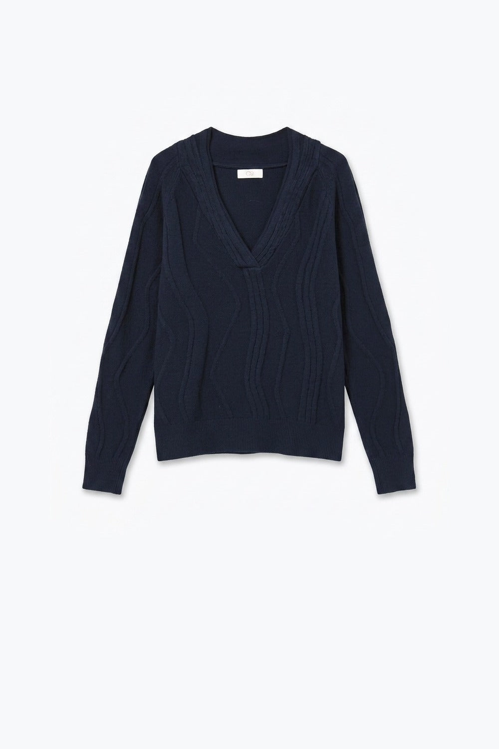 Textured Wave-Knit V-Neck Sweater in navy - Jumpers