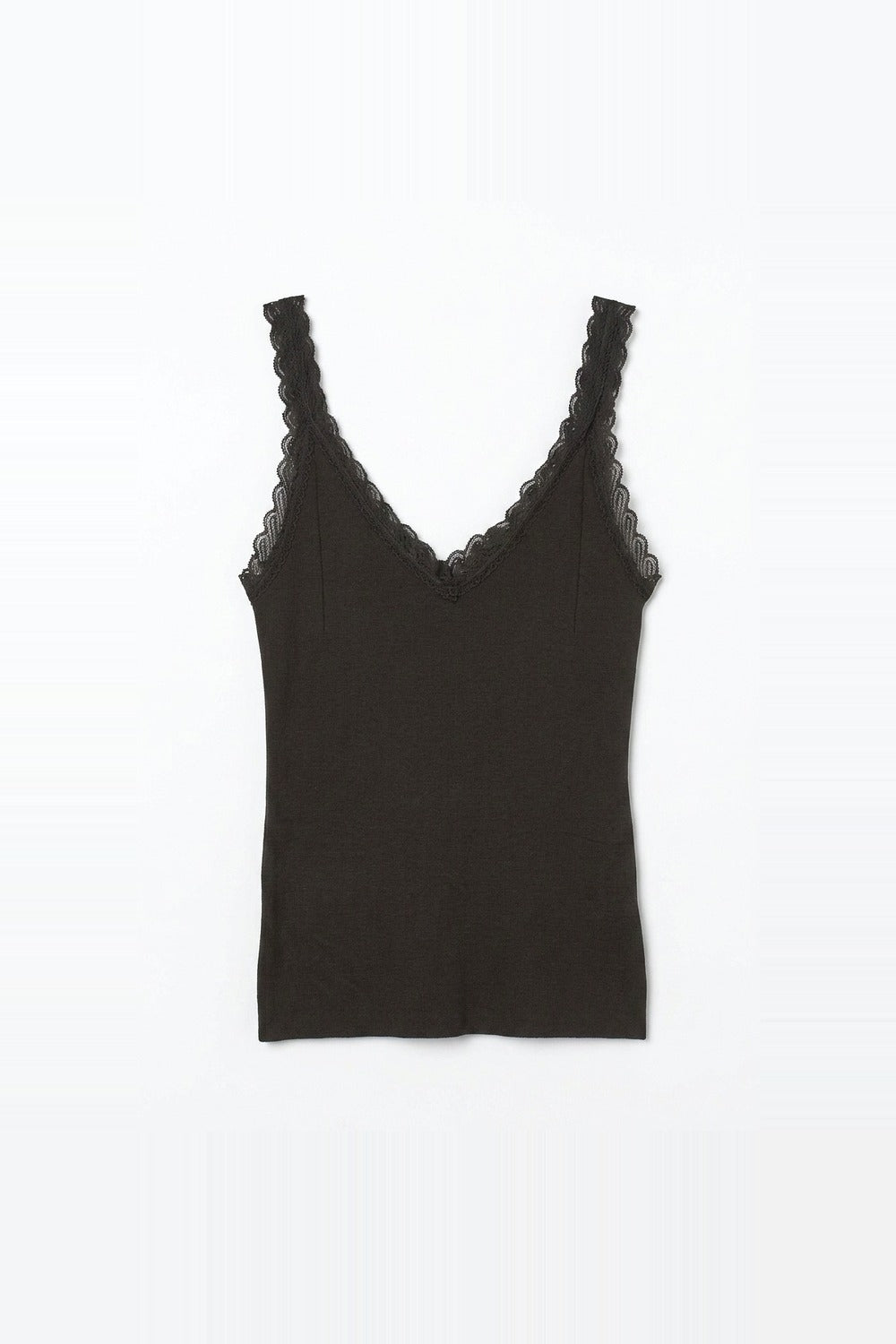 Khaki Ribbed Knit Lace Trim V-Neck Sleeveless Top - Tops