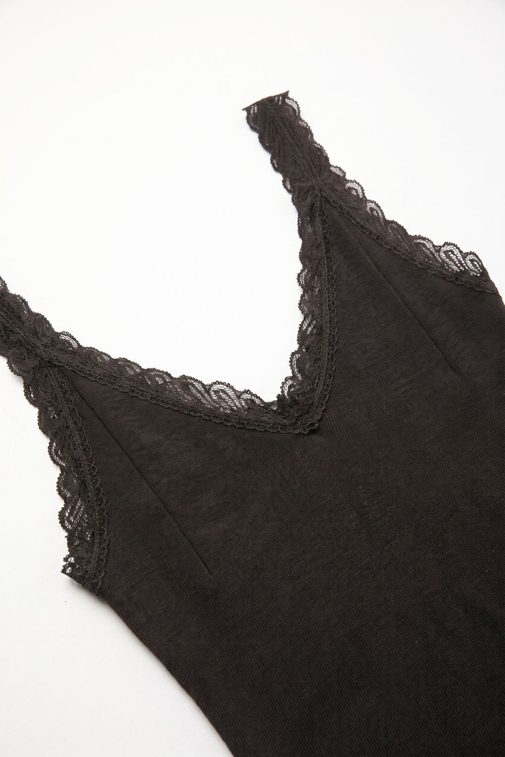 Khaki Ribbed Knit Lace Trim V-Neck Sleeveless Top - Tops