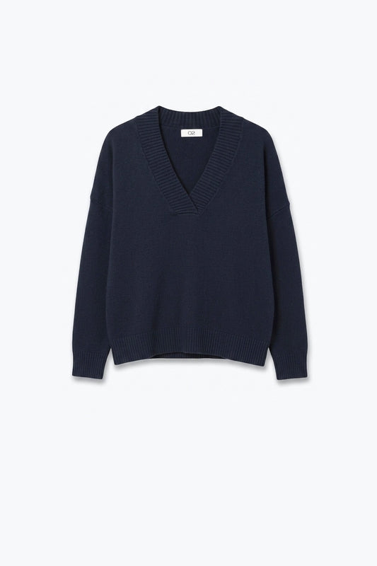 navy warm Knit wide V-Neck sweater - Jumpers
