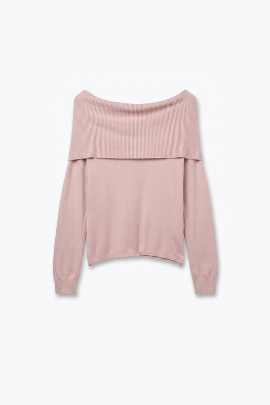 Light Pink Ribbed Knit Off Shoulder Long Sleeve Sweater - Jumpers