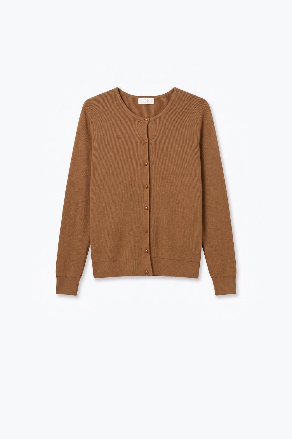 Camel Ribbed Knit Button Front Crew Neck Cardigan - Cardigans