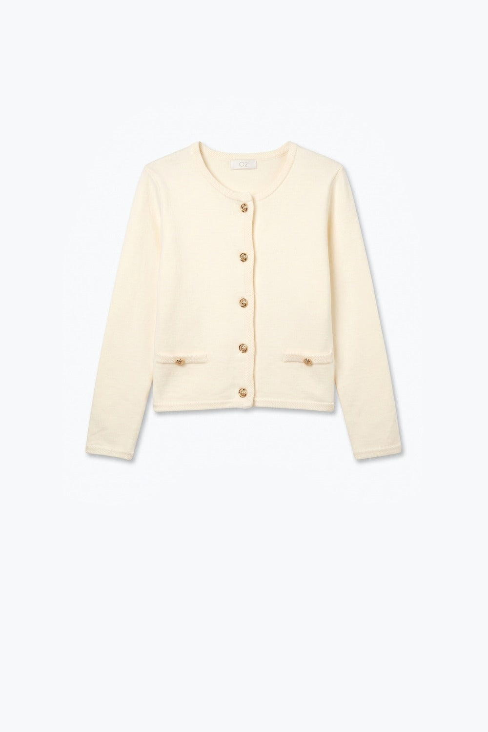 Cream Fine Knit Gold Button Crew Neck Cardigan Sweater - Cardigans