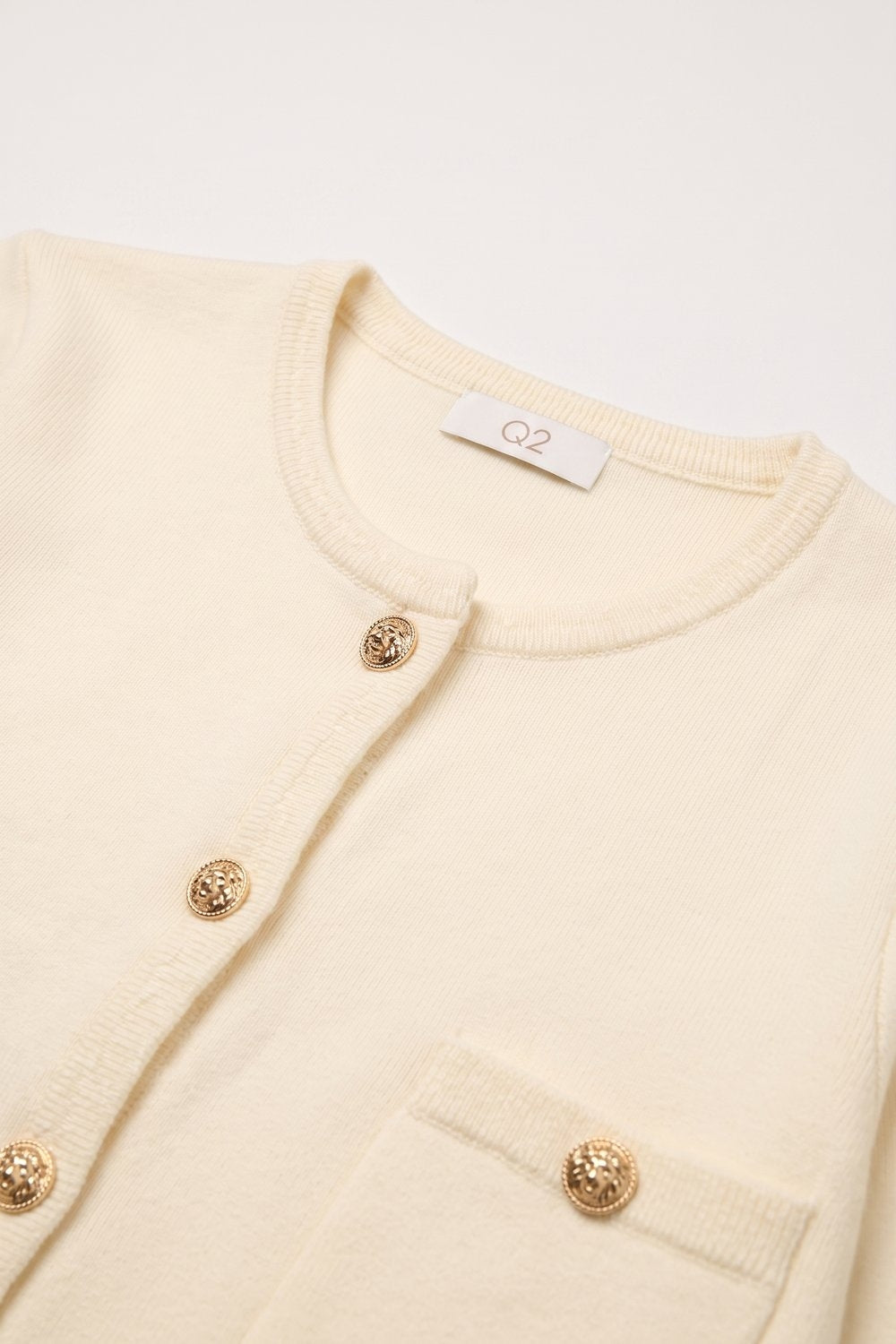 Cream Fine Knit Gold Button Crew Neck Cardigan Sweater - Cardigans