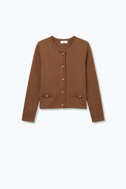 Brown Fine Knit Gold Button Cropped Cardigan Sweater - Cardigans