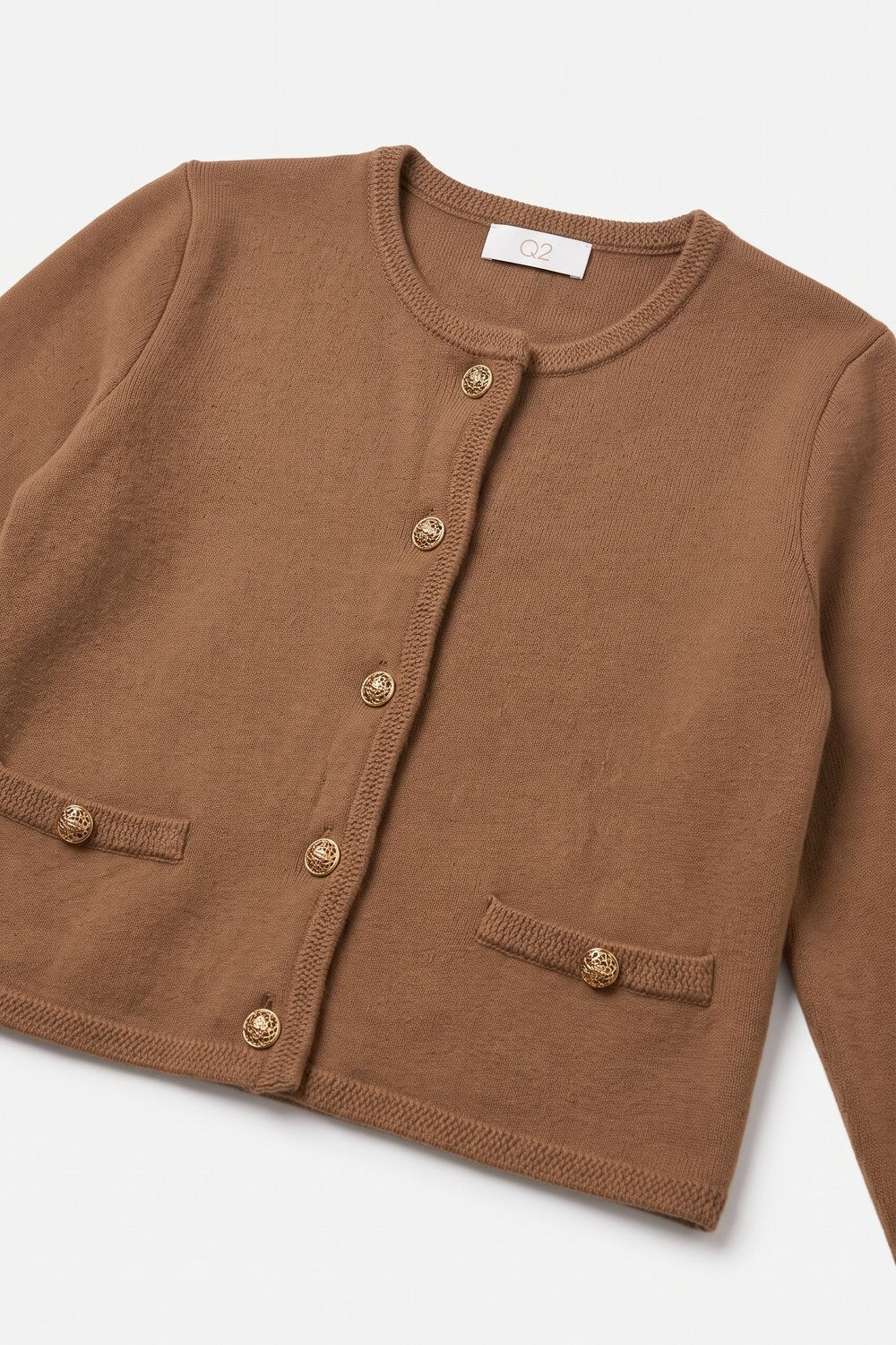 Brown Fine Knit Gold Button Cropped Cardigan Sweater - Cardigans