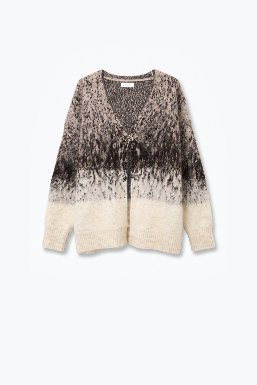 Beige Ombre Fluffy Knit Metal Clasp V-Neck Cardigan Sweater - Cardigans