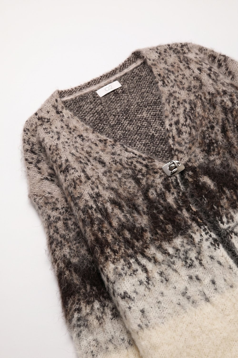 Beige Ombre Fluffy Knit Metal Clasp V-Neck Cardigan Sweater - Cardigans