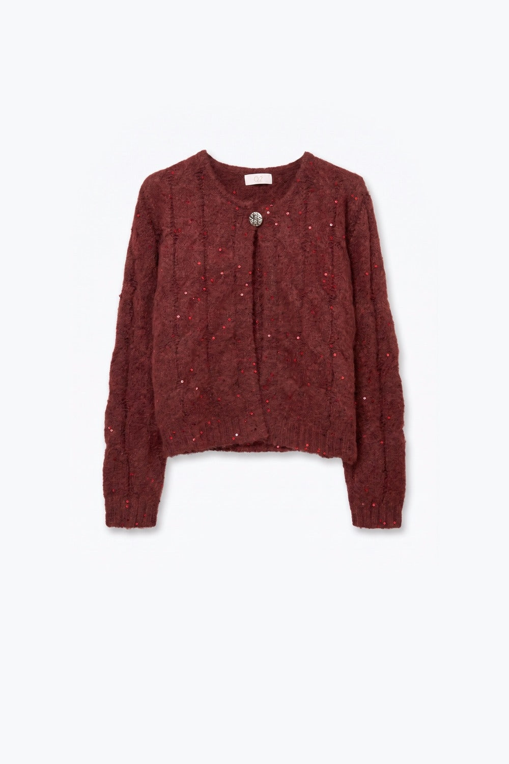 Burgundy Cable Knit Sequin Button Front Cropped Cardigan - Cardigans