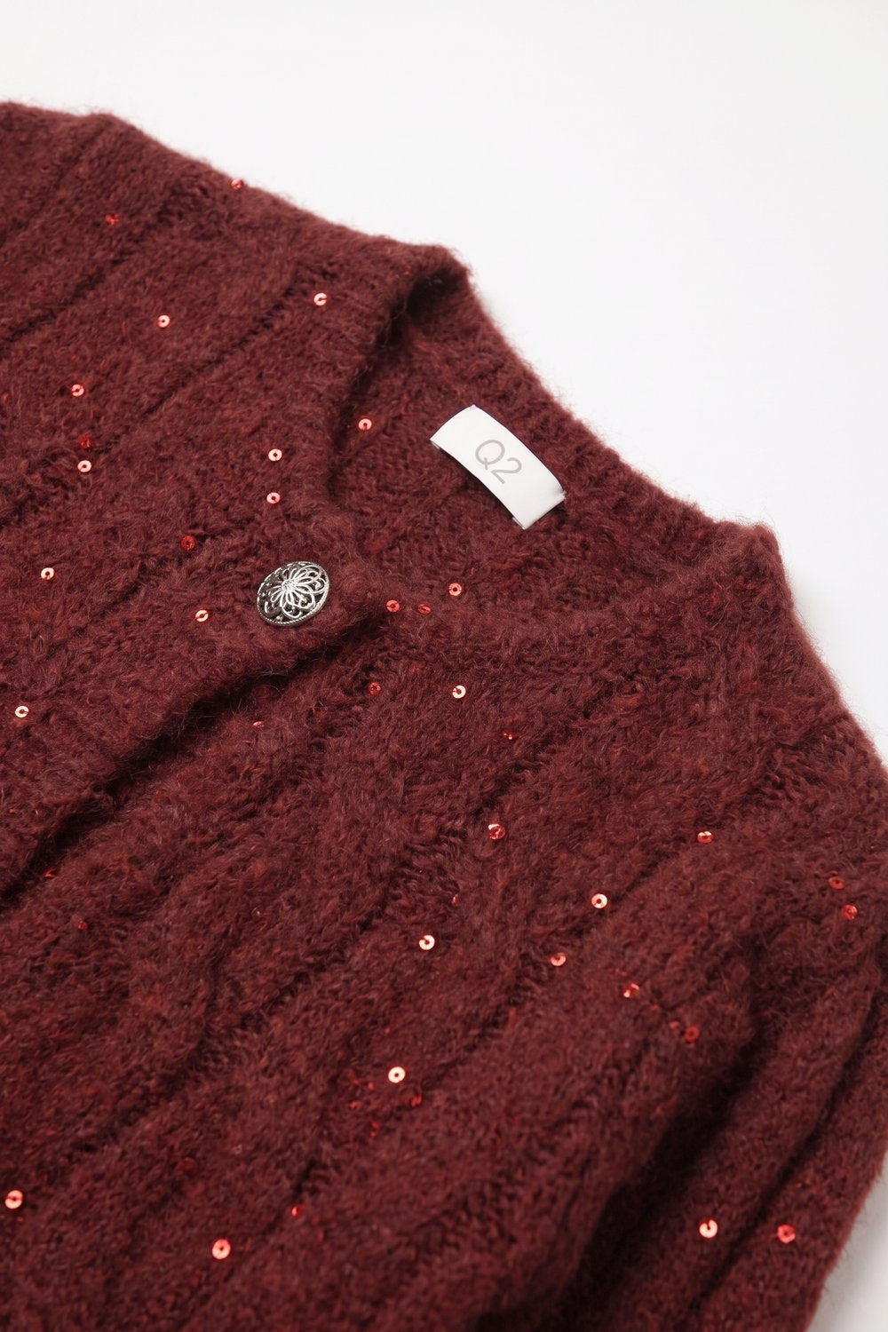 Burgundy Cable Knit Sequin Button Front Cropped Cardigan - Cardigans