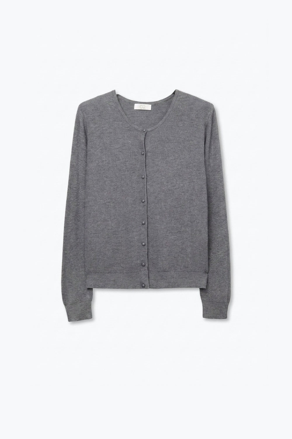 Grey Ribbed Knit Button Front Crew Neck Cardigan - Cardigans